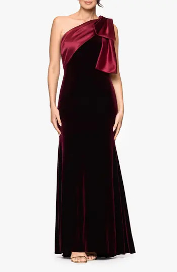 Betsy & Adam Bow One-Shoulder Mikado Gown in Burgundy at Nordstrom Rack, Size 14 | Nordstrom Rack