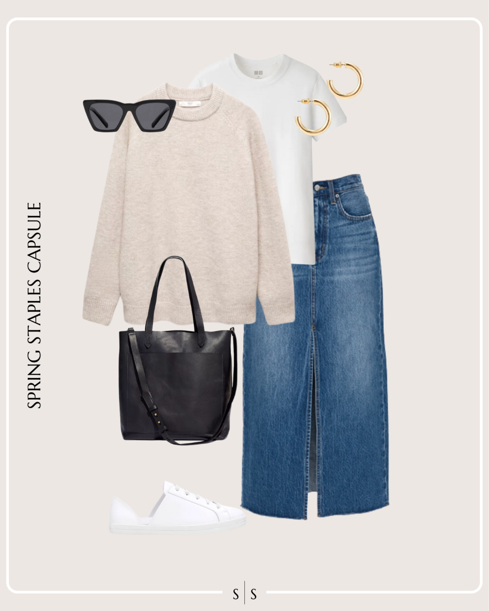 Spring Staples Capsule Wardrobe outfit idea | denim midi skirt, white tee, neutral sweater, white sneaker, tote bag, gold jewelry hoops, sunglassess

See the entire staples capsule on thesarahstories.com ✨ 


#LTKstyletip