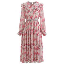 Belted Rose Print Chiffon Dress in Pink | Chicwish