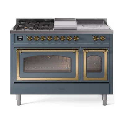 ILVE Nostalgie II Noblesse 48" Freestanding Dual Fuel Range with 5 Sealed Burners, Griddle, French Top, in Blue Grey with Brass Trim | Wayfair North America