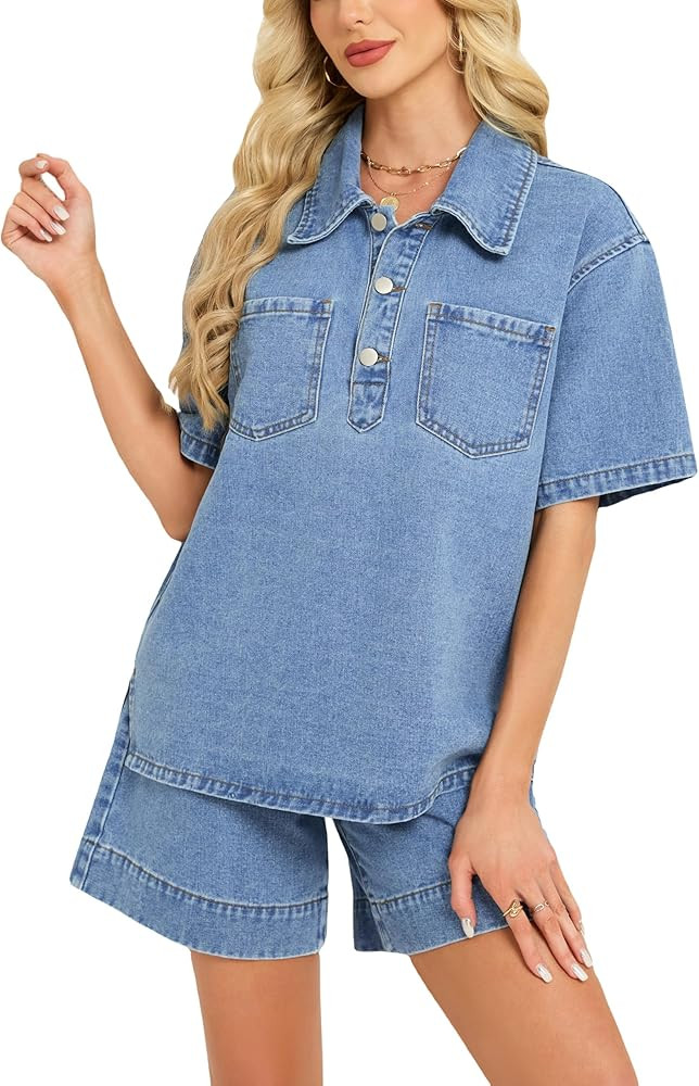 Ladyful Womens Summer Denim Sets Two Piece Outfits Short Sleeve Jean Shirt Top and High Waist Den... | Amazon (US)