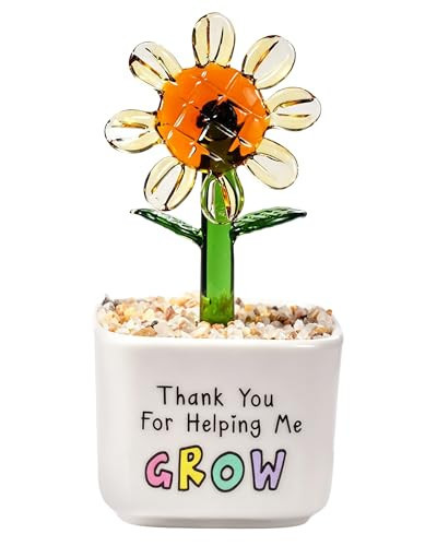 FRESOULY Teacher Appreciation Gift, Thank You for Helping Me Grow Hand Blown Glass Flower in Ceramic Pot, Meaningful Thank You Gift for Teacher, Mentor, Graduation or Retirement Desk Decor | Amazon (US)