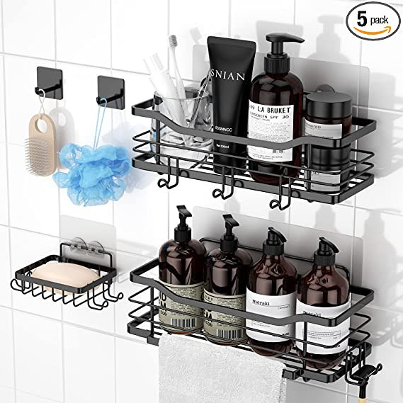 Shower Caddy, 5-Pack Shower Shelf, Adhesive Shower Organizer No Drilling with Soap Holder, 7 Hook... | Amazon (US)