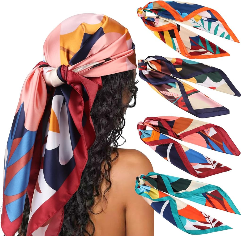 DRESHOW 35” Large Square Satin Head Scarf - 4Pcs Silk Accessories Classic Patterned Squares Bea... | Amazon (US)