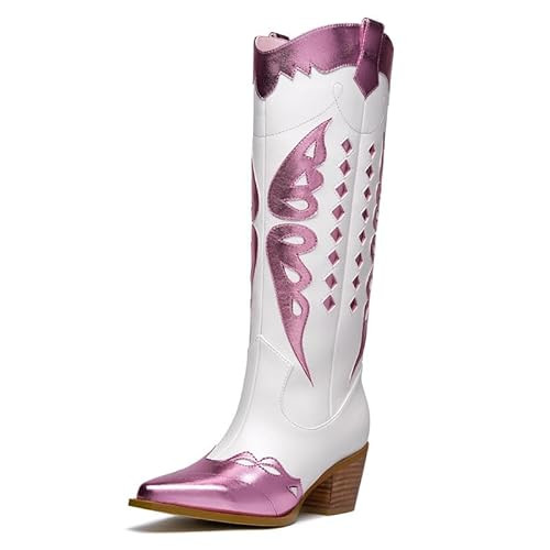 citsanos Pink Metallic Cowboy Boots Butterfly Knee High Cowgirl Boots Wide Calf Chunky Heel Pointy Toe Pull-on Festival Party Retro Western Boots,7 | Amazon (US)
