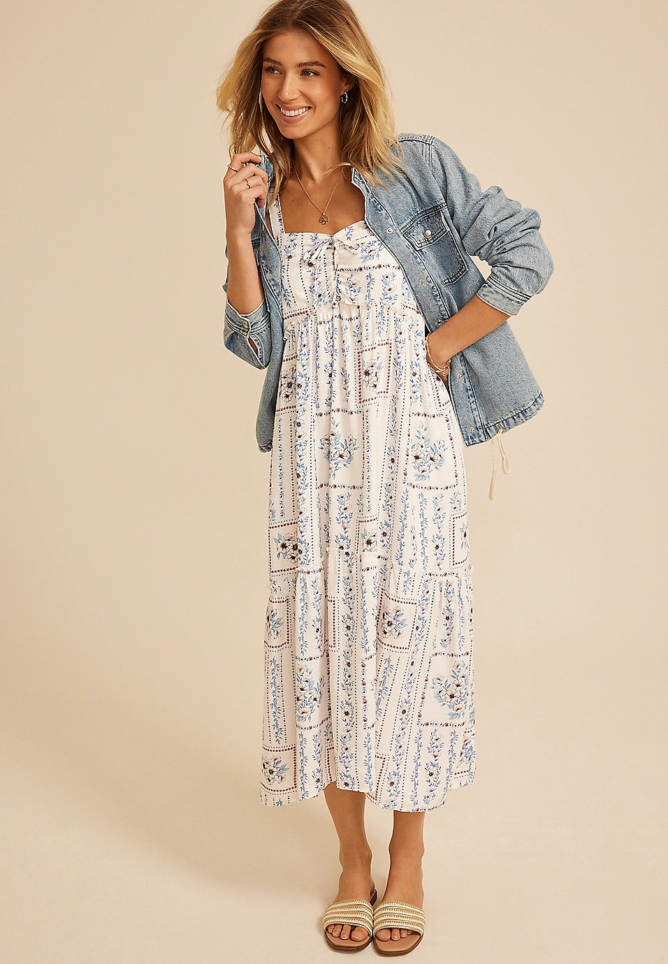 Patchwork Bare Tie Cinched Midi Dress | Maurices