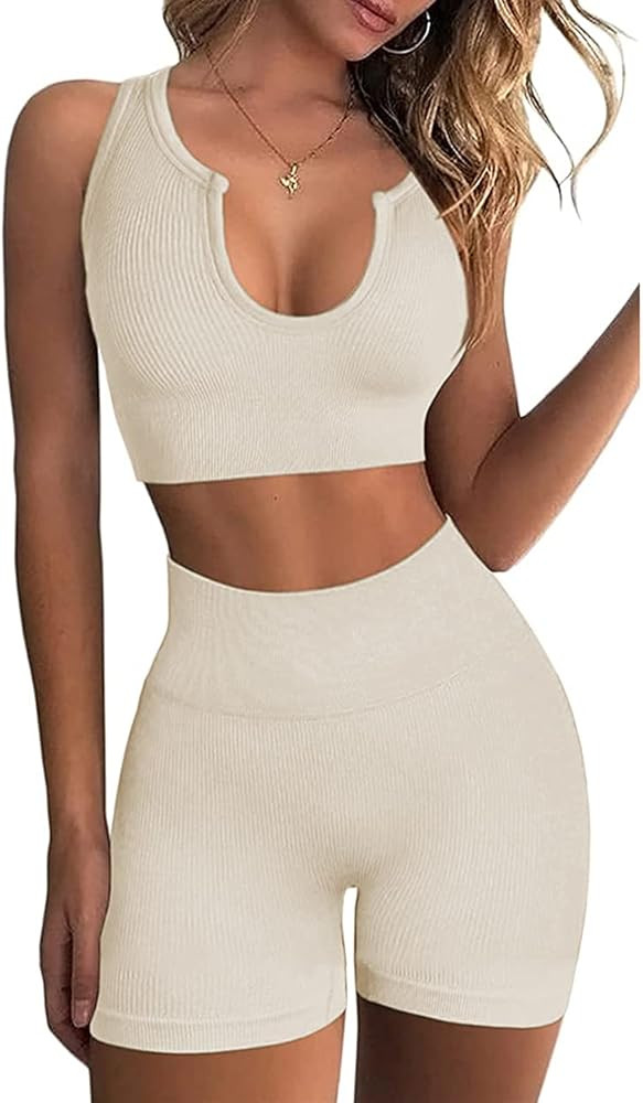 Hwnovdy Seamless Workout Sets for Women Ribbed Sport Bra High Waist Running Shorts Gym 2 Piece Yoga  | Amazon (US)