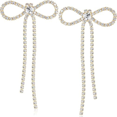 Gold Tone Bow Earrings for Women - Long Gold Tone Earrings for Women, Dangly Statement Bow Jewelry, Cute Coquette Jewelry, Sparkly Rhinestone Dangle with Drop Tassels for Prom or Homecoming | Amazon (US)