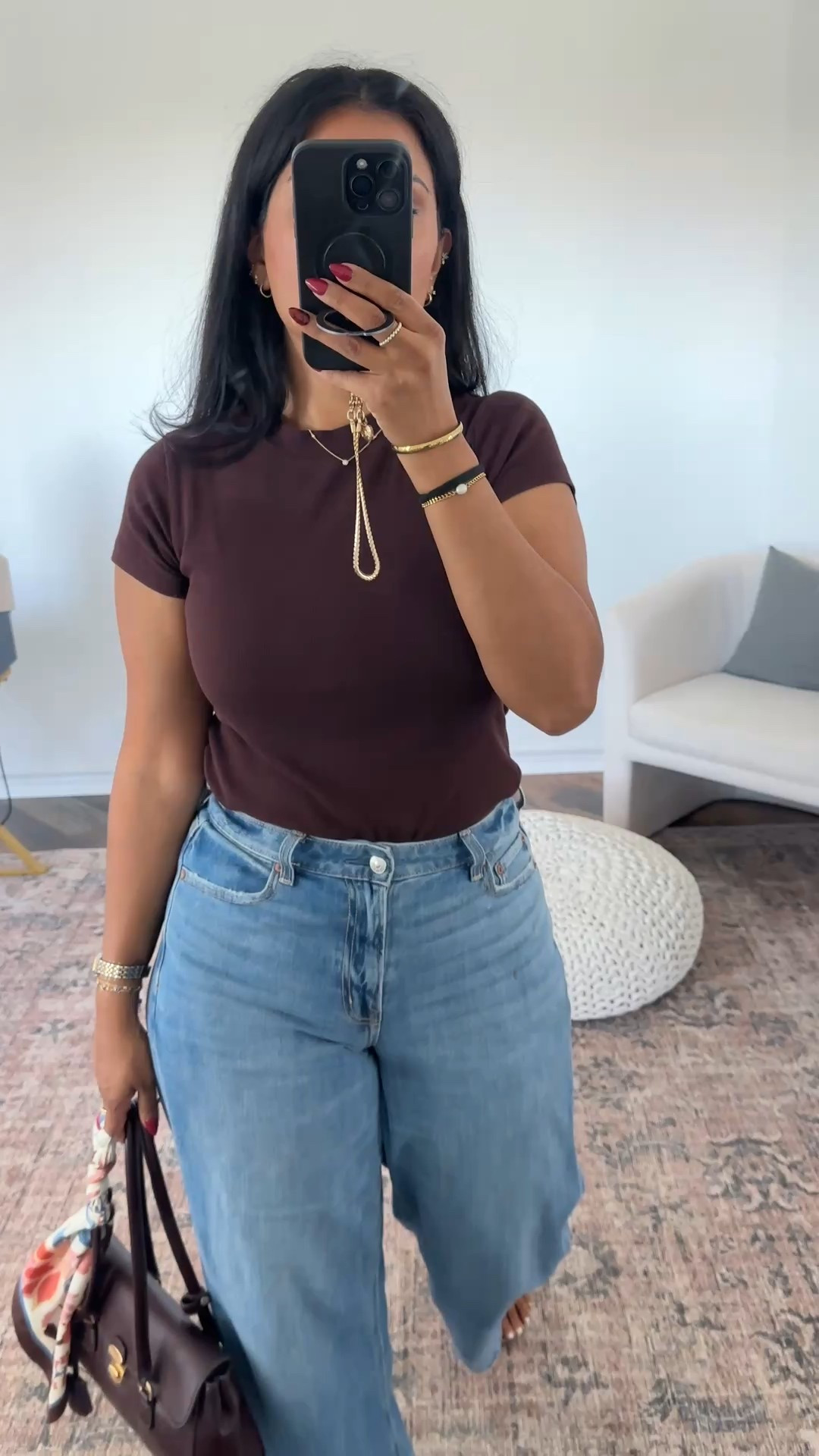 Wearing my normal size in the tee, comes in tons of colors. Jeans wearing a 4( 6 worked but was a little lose), size down if in between and you want it more fitted. Tts in the sandals