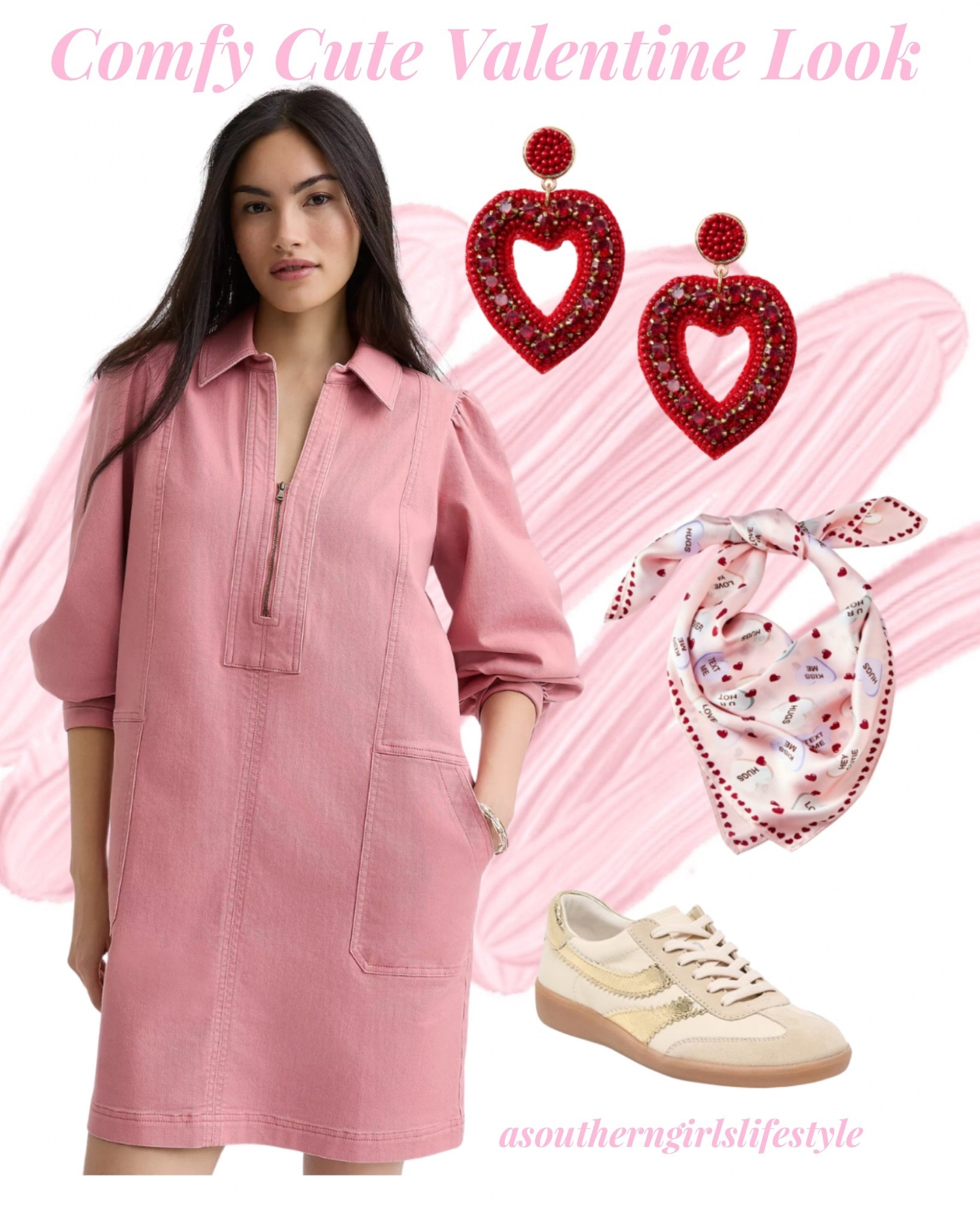 Comfy Cute Valentine’s Day Look - dress is on Sale & will be darling right through Spring

Zip Mini Pocket Dress, Heart Drop Statement Earrings, Candy Heart Scarf (tie around neck or on a purse) & Sneakers

Winter Women’s Outfit. Valentines Outfit Women

#LTKSeasonal #LTKootd #LTKPetite