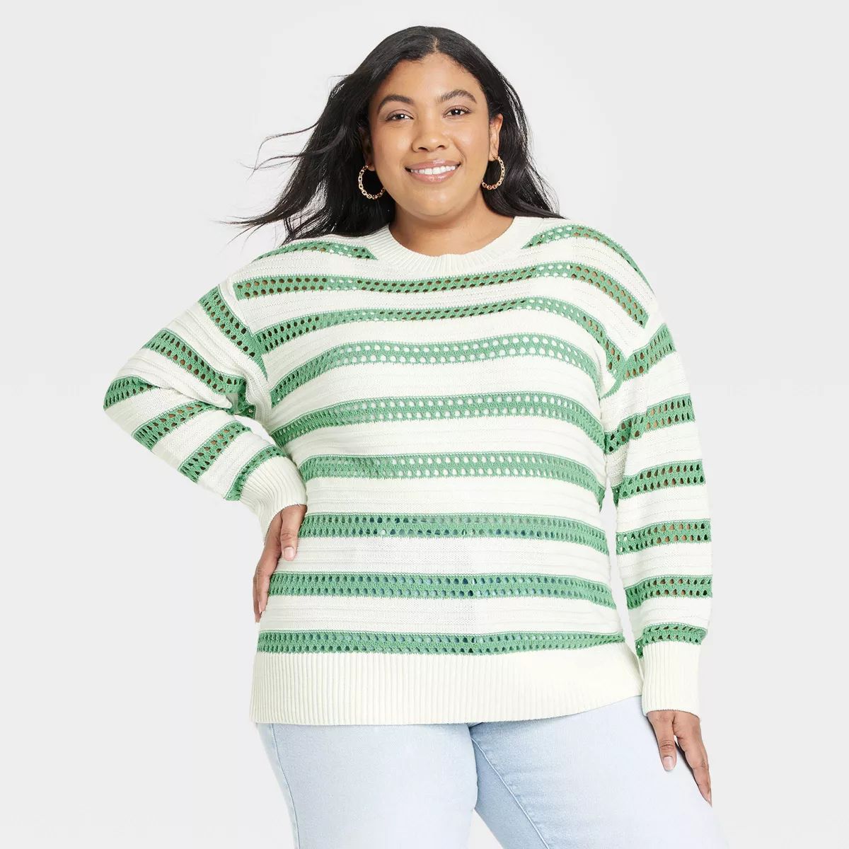 Women's Crewneck Crochet Sweater - Ava & Viv™ Yellow Striped 2X | Target