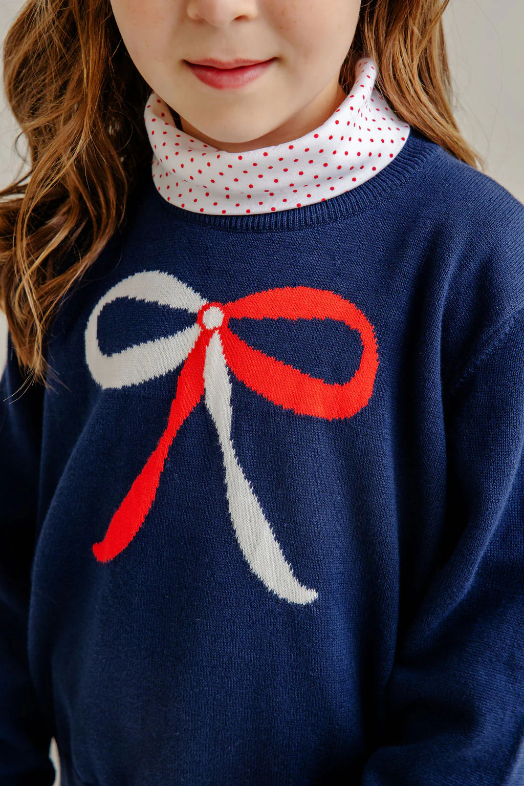 Isabelle's Intarsia Sweater - Nantucket Navy with Richmond Red & Worth Avenue White Bow Intarsia | The Beaufort Bonnet Company