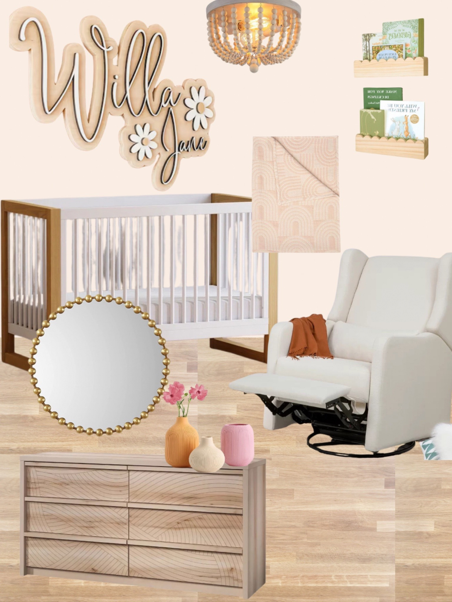 Girls nursery mood board 
baby girls room, pink nursery, nursery design ideas, wayfair crib, white crib, white glider, changing table, gold mirror, anthro dupes, looks for less, save vs splurge, anthropologie dupes, amazon mood board, amazon nursery furniture, amazon crib, nursery glider, girls nursery rug

#LTKBaby #LTKKids #LTKHome