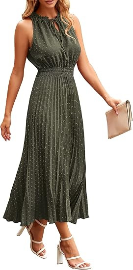 PRETTYGARDEN Women's Midi Summer Dresses Casual V Neck Swiss Dot Ruffle Sleeveless A Line Beach S... | Amazon (US)