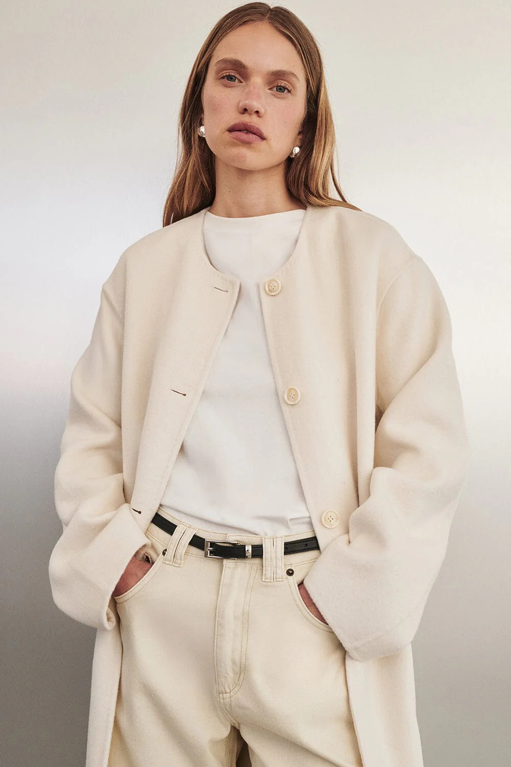GRETA OFF WHITE COLLARLESS COAT | DISSH