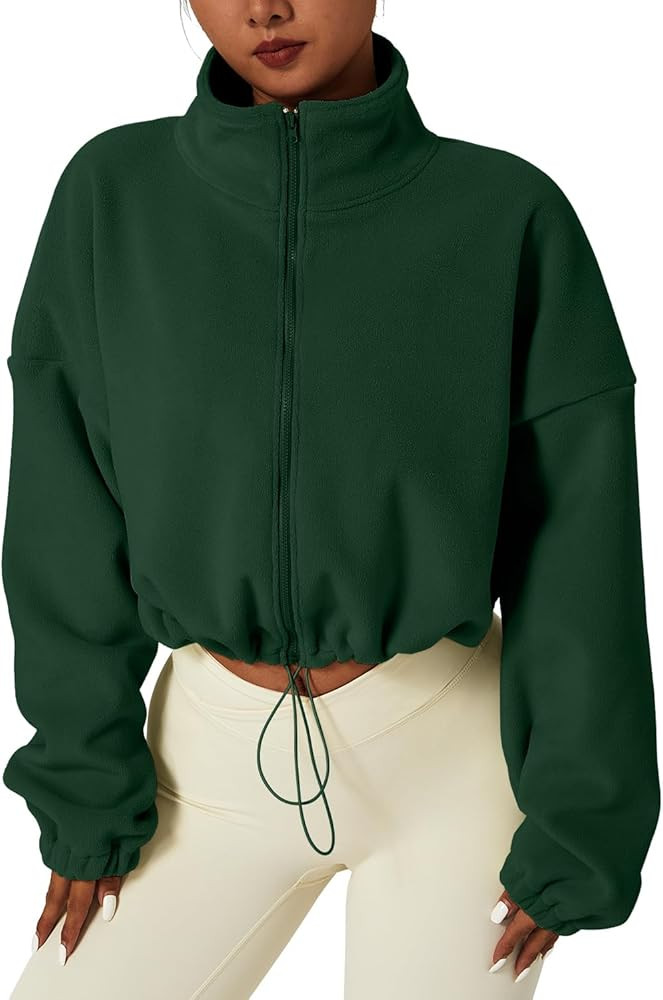 QINSEN Women's Full Zip Fleece Short Jacket Warm Winter Long Sleeve Stand Collar Sherpa Crop Coat | Amazon (US)