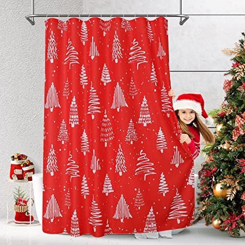 MitoVilla Christmas Shower Curtain Set, Red Xmas Shower Curtain, White Xmas Pine Standard Shower ... | Amazon (US)