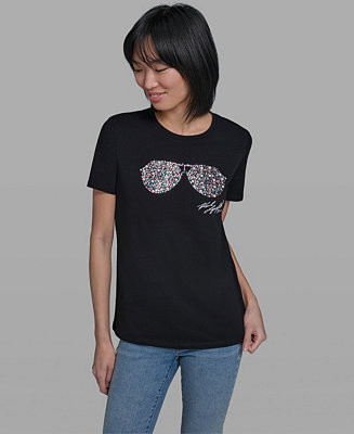 KARL LAGERFELD PARISWomen's Crew Neck Multi Jeweled Sunglass T-Shirt | Macy's