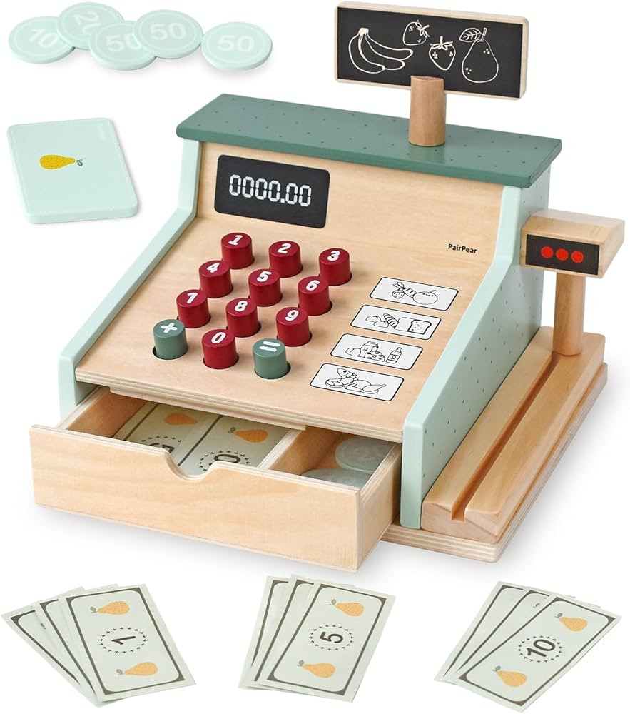 PairPear Wooden Toy Cash Register,Kids Pretend Play Money Counting Toys with Scanner and Credit C... | Amazon (US)