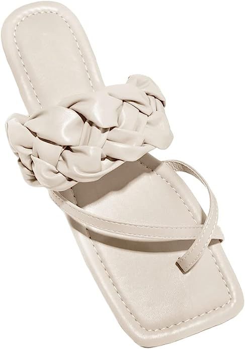 Jeimpoey Womens Square Toe Sandals Braided Flip-flops Toe Ring Flat Sandals Slip-on Slides Sandal... | Amazon (US)
