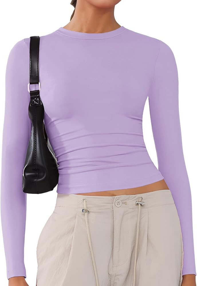 Women's Soft Long Sleeve Shirts Crew Neck Tops Basic Tees Stretchy Going Out Crop Tops Y2K Slim F... | Amazon (US)