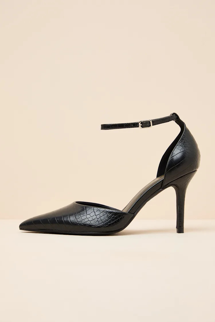 Acrux Black Croc Pointed-Toe Ankle Strap Pumps | Lulus