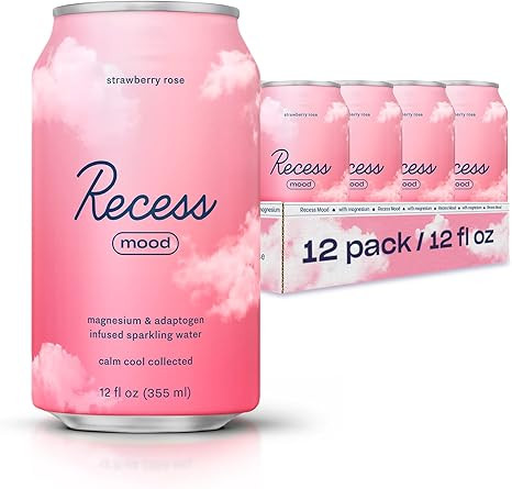 Recess Mood Magnesium & Adaptogen Drink, Relaxation Beverage, 12 ounce (Strawberry Rose, 12 pack) | Amazon (US)