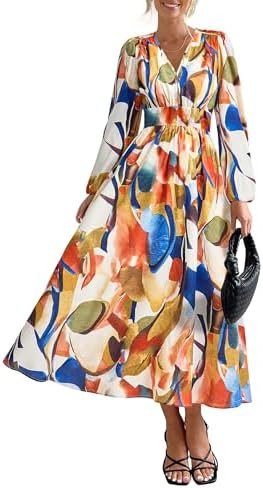 PRETTYGARDEN Women's Floral Midi Dress Casual Fall V Neck Long Sleeve Flowy Spring Beach Wedding ... | Amazon (US)