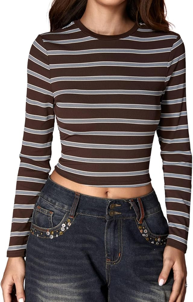 Milumia Women's Retro Fitted Long Sleeve Striped T Shirt Colorful Ribbed Crew Neck Fall Crop Top | Amazon (US)