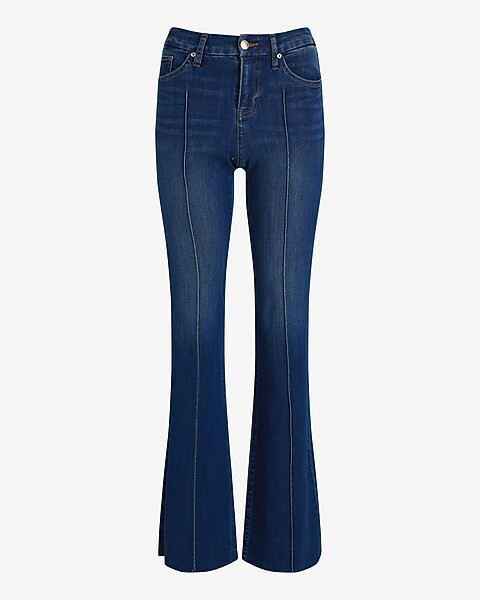 Mid Rise Dark Wash Pintuck Raw Hem FlexX '70s Flare Jeans | Express
