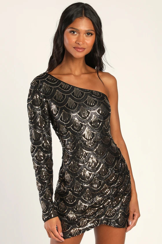 Inspired Allure Black Sequin One-Shoulder Bodycon Mini Dress | Lulus (US)