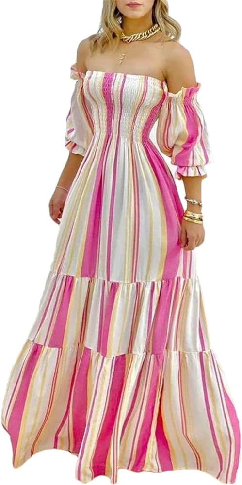 Women Chic Shoulder Stripped Lattern Sleeves Folds Maxi Sexy Dress | Amazon (US)