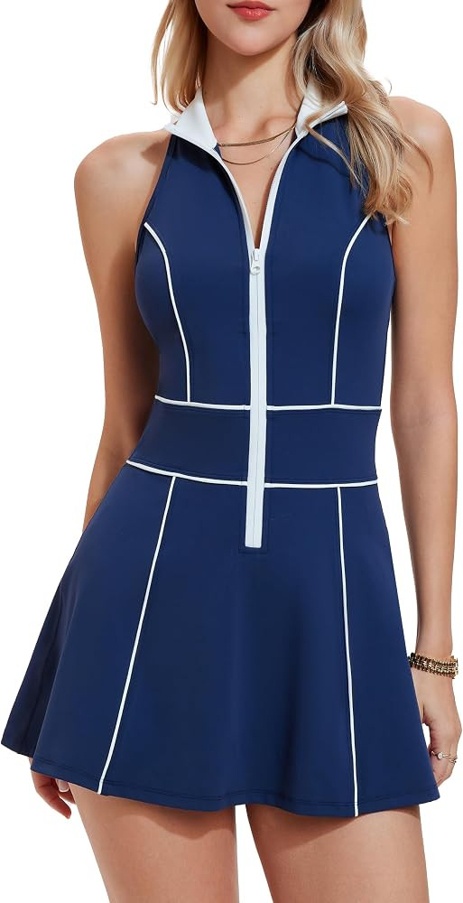 Mudere Womens Half Zip Tennis Dress Stand Collar Racer Back Workout Golf Dress Build in Shorts with Pocket | Amazon (US)