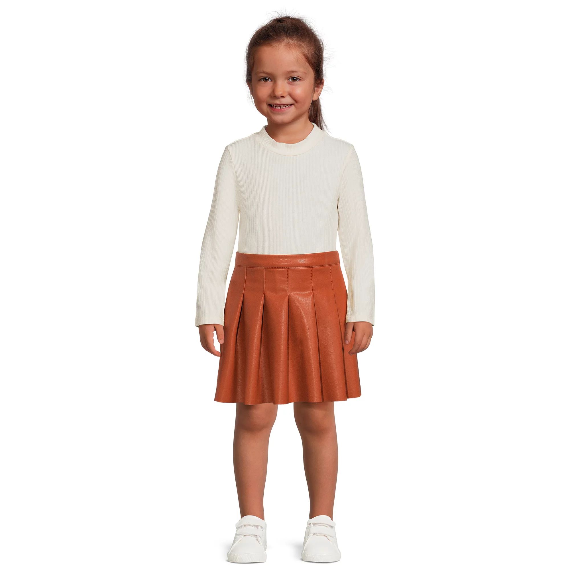 Wonder Nation Baby and Toddler Girls Ribbed Mock Neck and Faux Leather Skirt Set, 2-Piece, Sizes ... | Walmart (US)