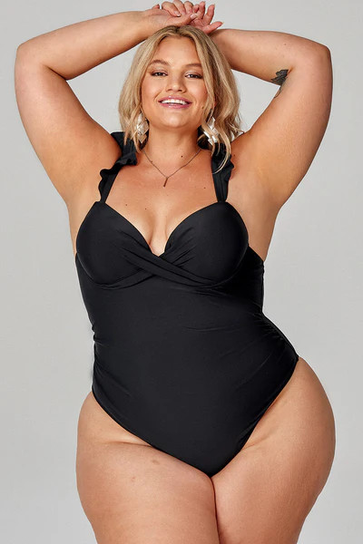 Serena Black Ruffle Black Plus Size One Piece Swimsuit | Cupshe