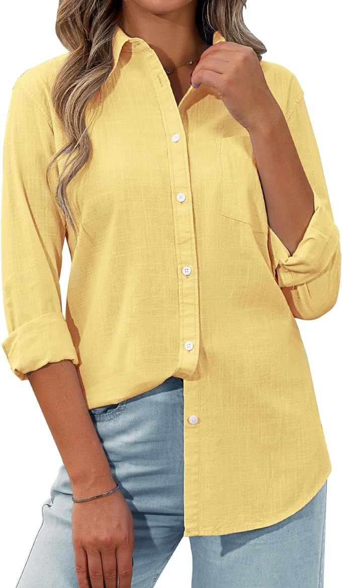 siliteelon Womens Button Down Shirt Linen Button Up Shirts for Women Long Sleeve Dress Shirt Coll... | Amazon (US)
