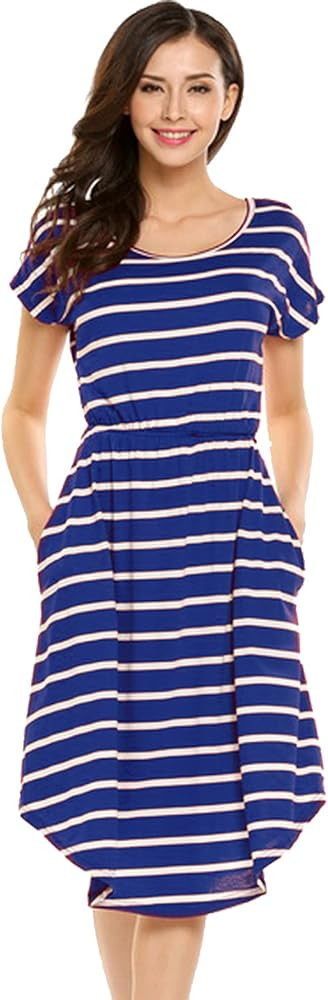 Women's Summer Casual Stripe Elastic Waist Loose Beach Midi Dress | Amazon (US)