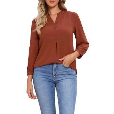 INSPIRE CHIC Women's Casual V Neck 3/4 Sleeve Pleated Trim Puff Cuffs Blouse Small Brick Red | Target