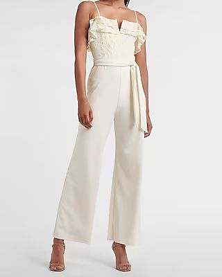 Ruffle Lace Bodice Belted Wide Leg Jumpsuit | Express