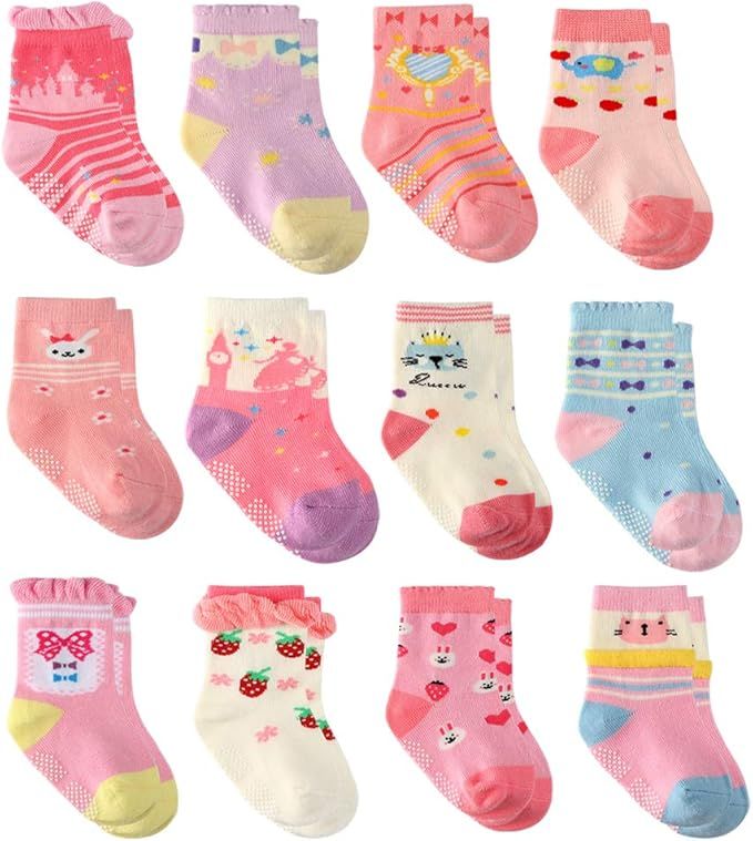 12 Pairs Toddler Girl Grip Socks Non Skid Cotton Crew Socks, Baby Socks Girl Anti Slip Socks for ... | Amazon (US)