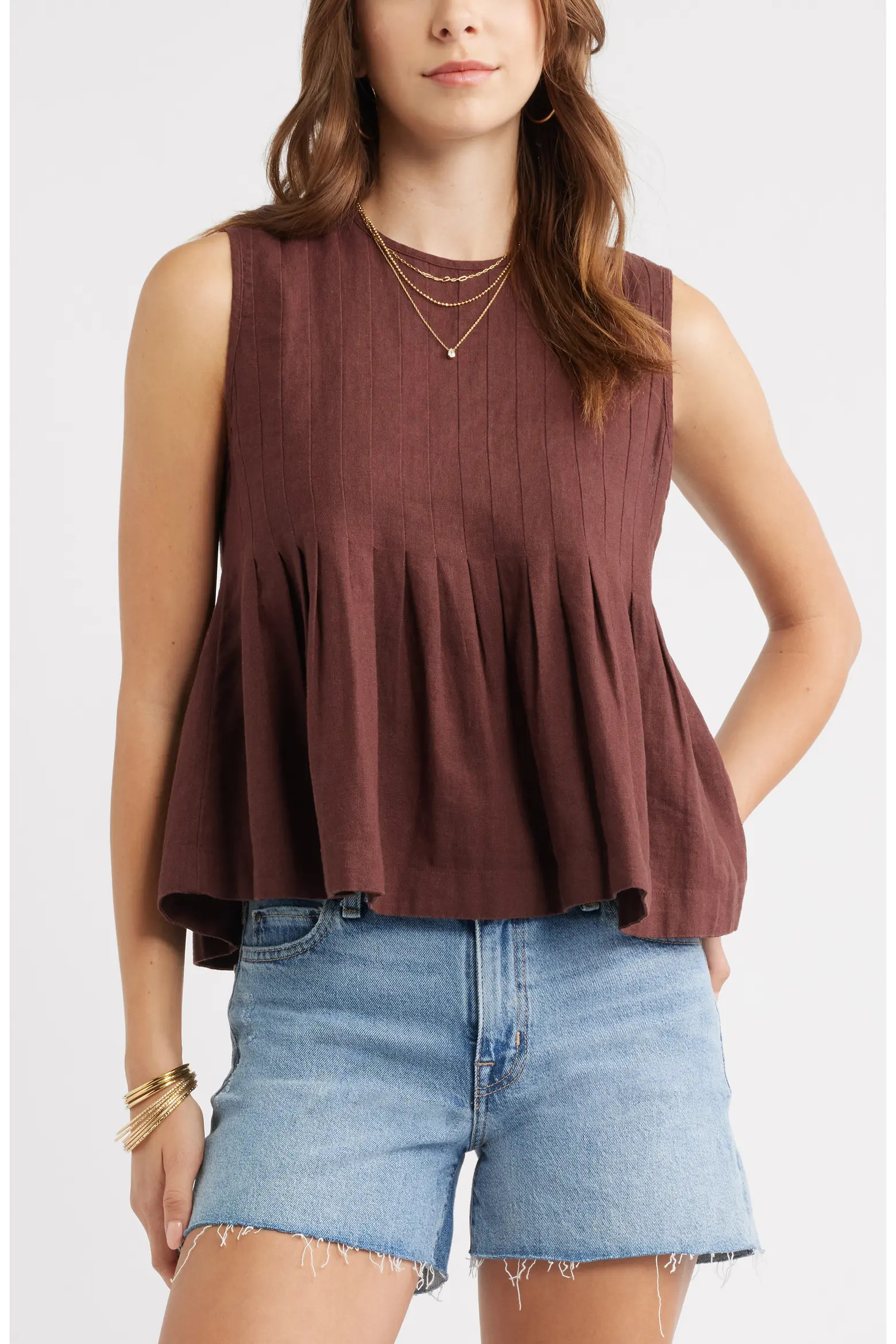 Sleeveless Pleated Linen Blend Top (Women) | Nordstrom | Nordstrom