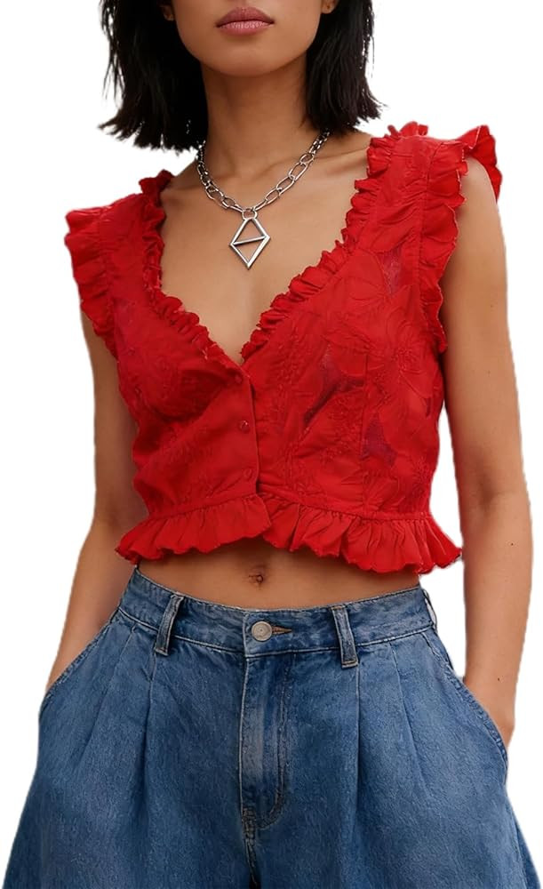 Embroidery Tank Tops for Women Y2K Sleeveless Crop Top Ruffle Cropped Vest Retro Summer Tops Goin... | Amazon (US)