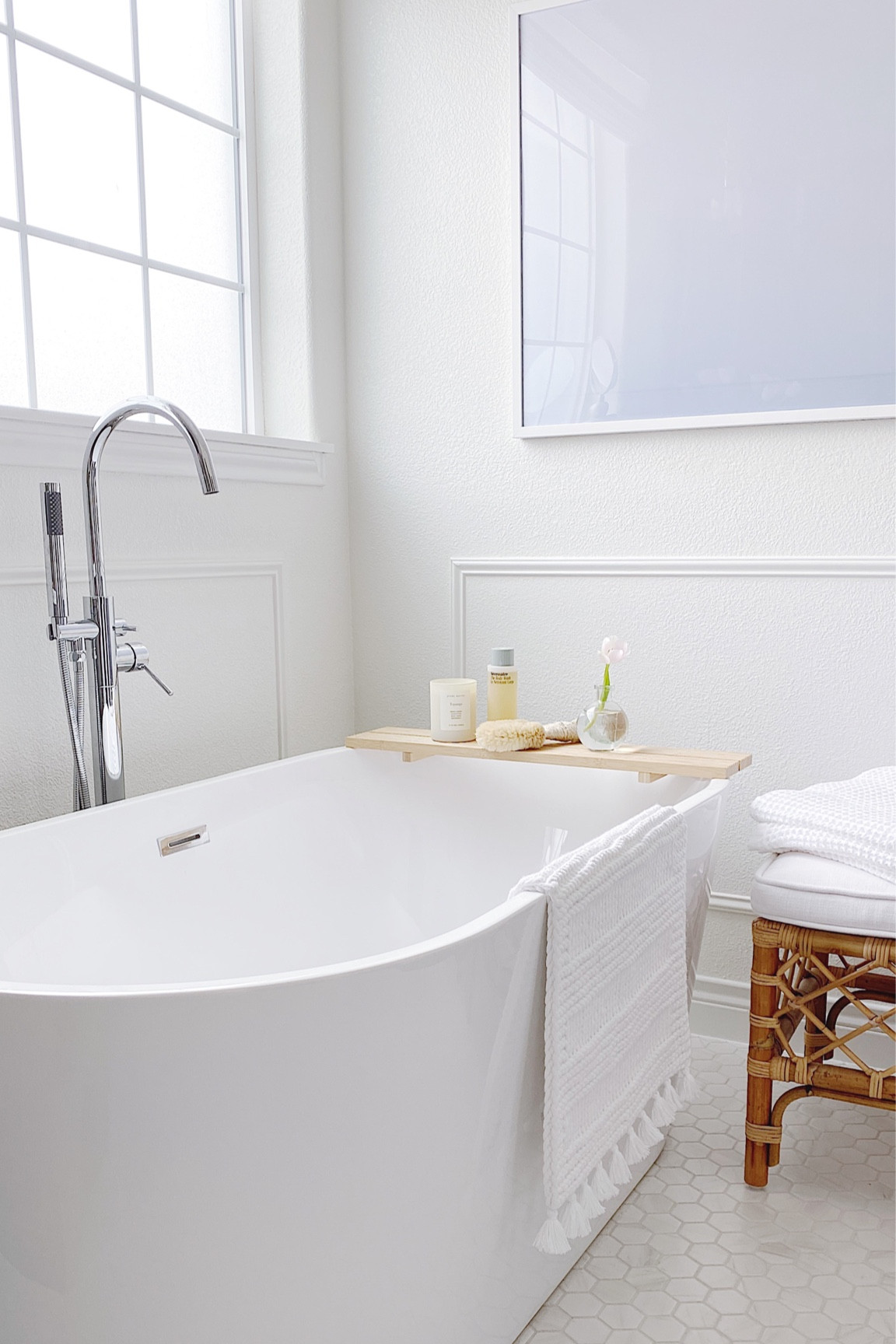 Master bathroom, bathroom decor,, candle, bath rug. towels, stool, tub filler, bath tray, artwork, coastal decor, Serena & Lily sale

#LTKhome #LTKSeasonal #LTKsalealert