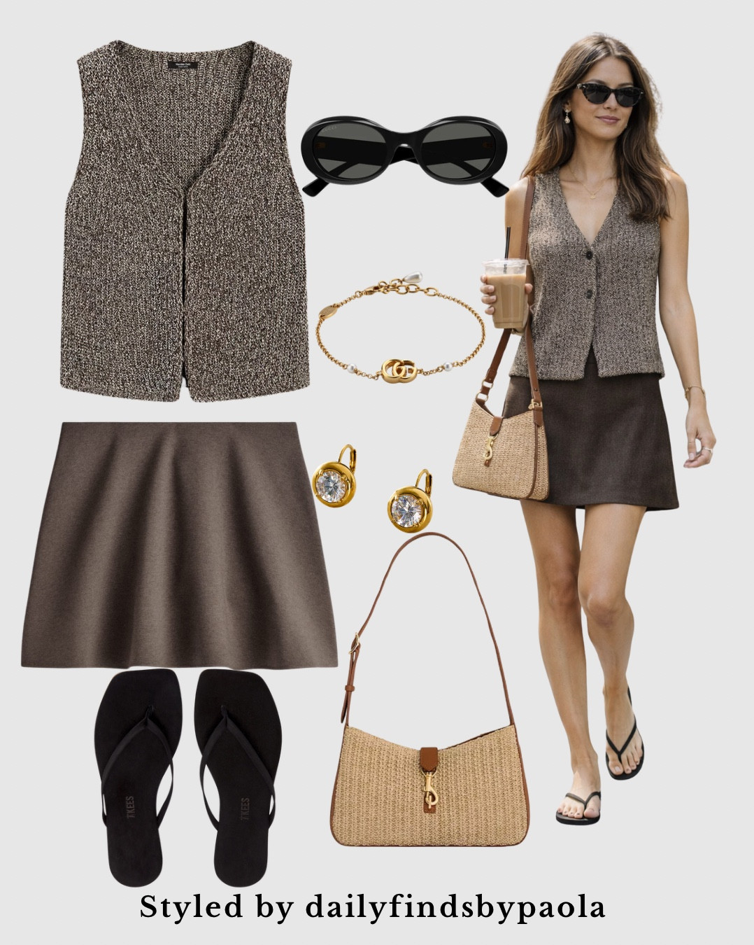 If you love neutral, minimal outfits this is the perfect coffee run look 🤎 A textured vest paired with a brown mini skirt, simple flip flops, and a woven shoulder bag creates that effortless quiet luxury aesthetic. Styled with gold jewelry and black sunglasses for a clean, elevated finish.

Perfect for summer outfits, casual chic looks, and everyday style inspiration.

Shop the look below 🤎

#LTKSeasonal #LTKootd #LTKU