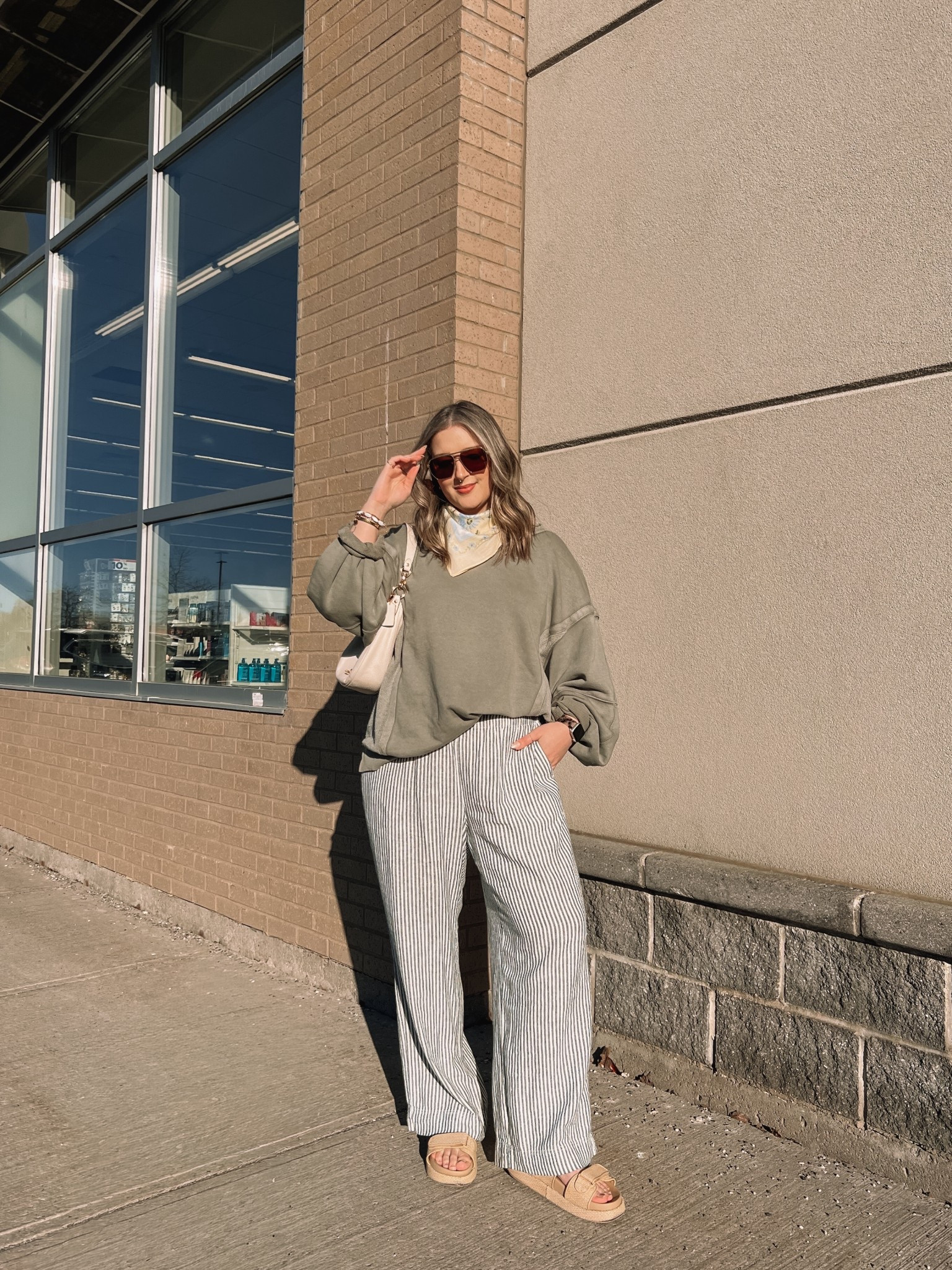 Easy spring outfit! Wearing M in the sage green sweatshirt, it runs big. Linked this year’s version of my striped linen wide leg pants, I wear L tall. Love the butter yellow bandana for a fun pop of color & print! Canadian Old Navy links are under “similar products”

#LTKmidsize #LTKsale #LTKstyletip