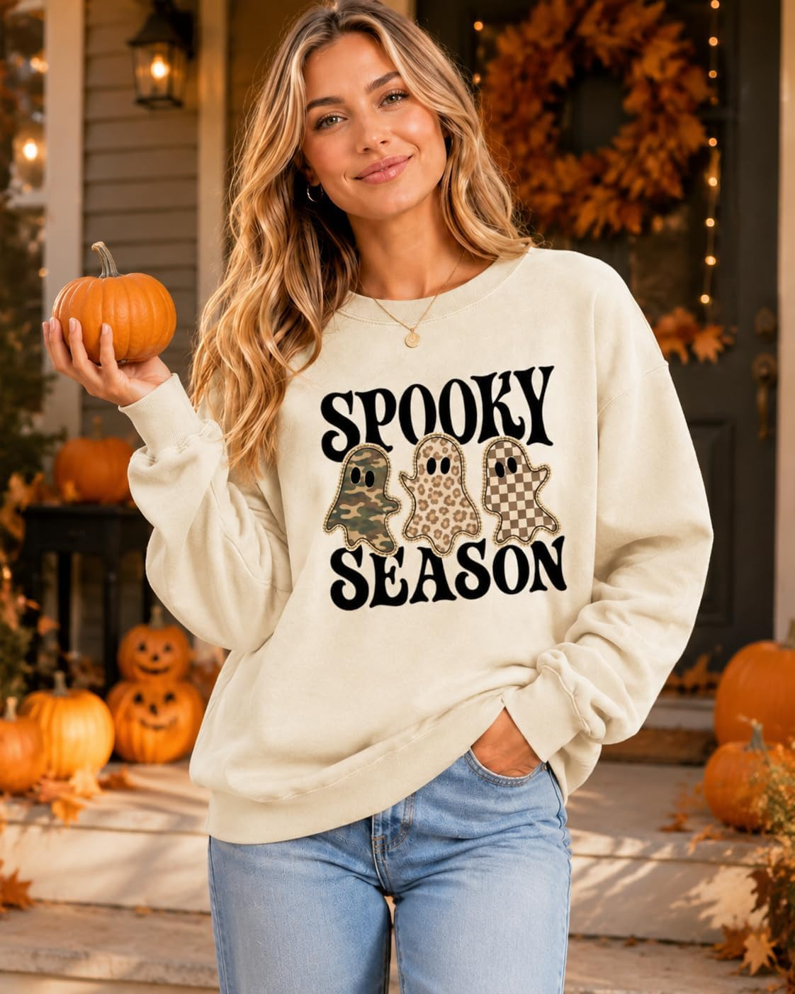 Spooky Season Ghost Halloween Sweatshirt Leopard Camo Checkered Hoodie | Amazon (US)
