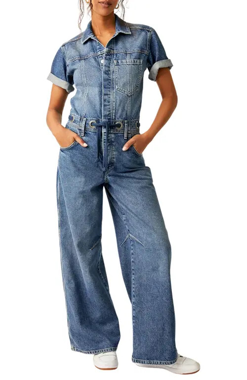 Free People Edison Wide Leg Denim Jumpsuit in Cape Blue at Nordstrom, Size Small | Nordstrom