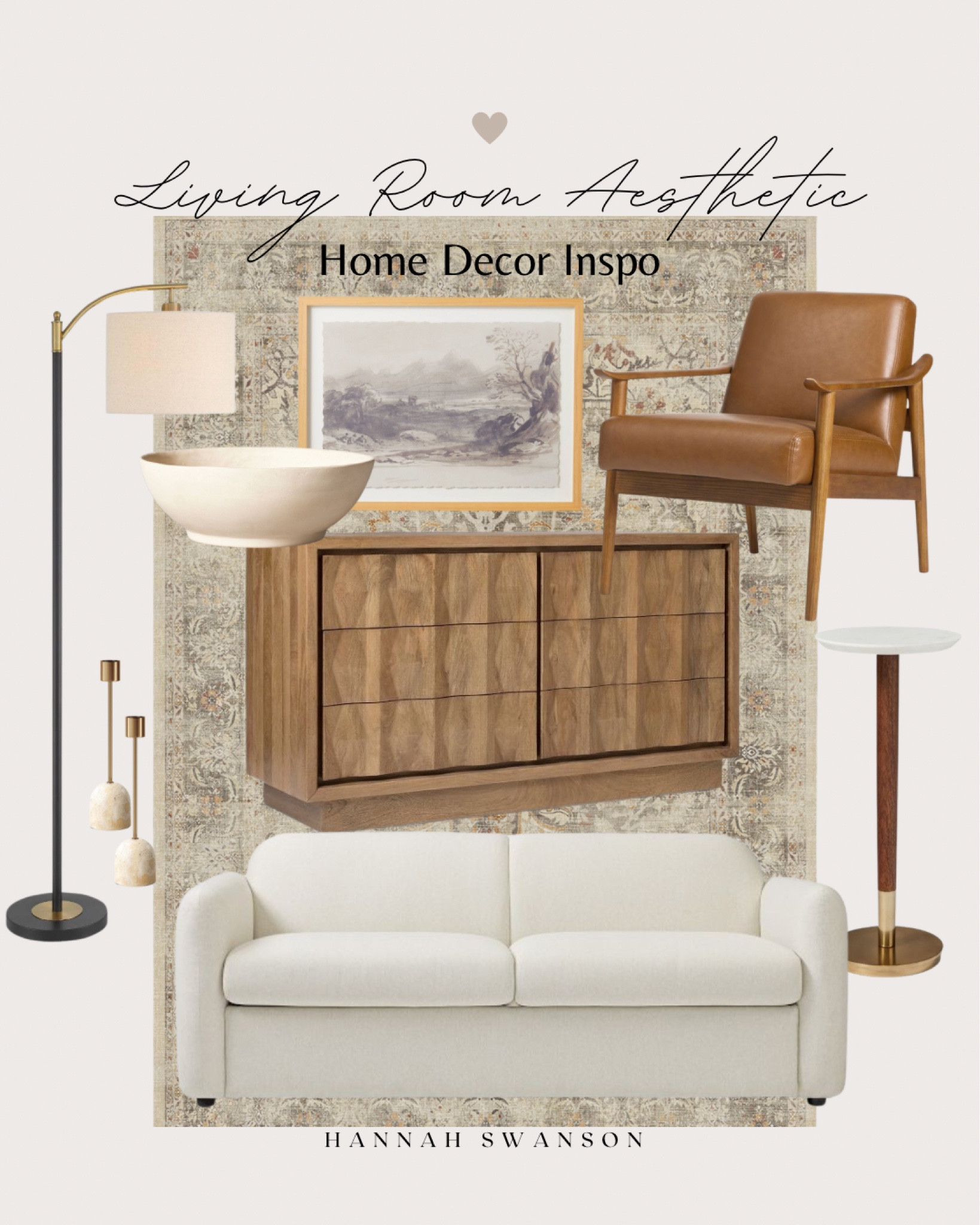 Living Room Furniture. Cream couch. White couch. Vintage wall photo. Hutch. Vegan leather chair. Floor lamp. Candle stick holder. Area rug. Side table. Decorative bowl. 

#LTKfindsunder100 #LTKhome #LTKsalealert