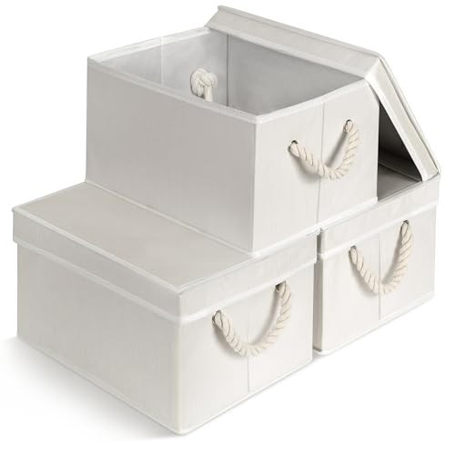 Set of 3 Fabric Bins for Organization - Foldable & Stackable With Lid & Rope Handles - Collapsible Fabric Storage Cubes Lightweight & Sturdy Bottom, Space Saving Collapsible Bin, Ivory | Amazon (US)