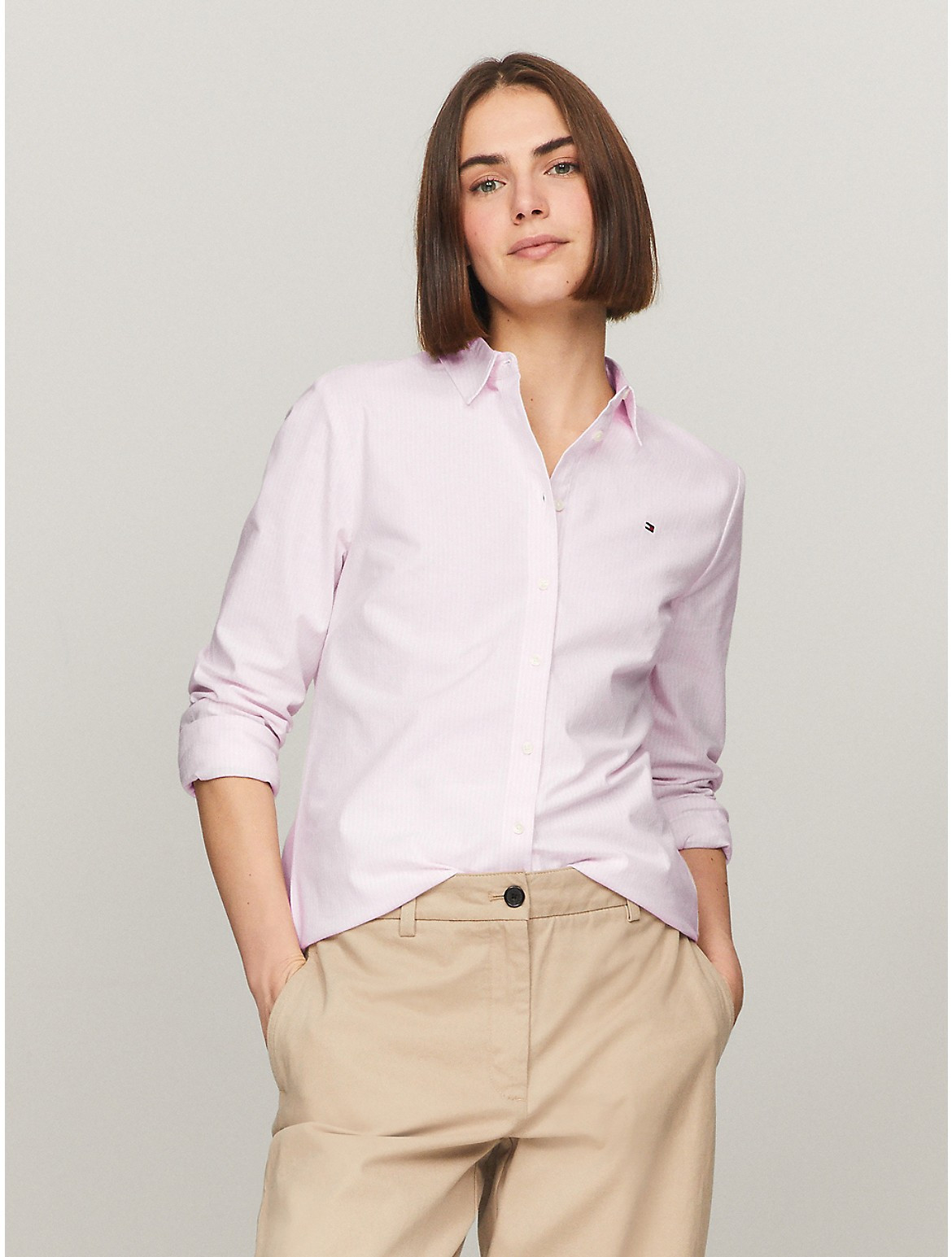 Tommy Hilfiger Women's Stripe Stretch Oxford Regular Fit Shirt - Pink - XS | Tommy Hilfiger (US)